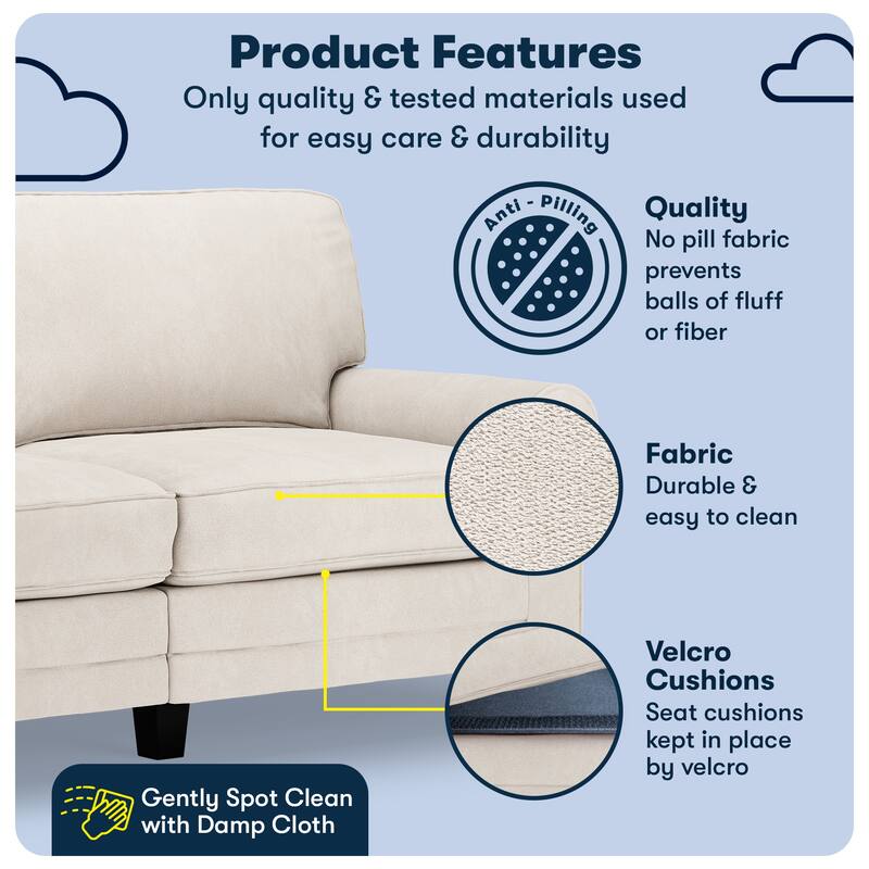 Serta Copenhagen 73" Rolled Arm Sofa, Easy Care Polyester, Soft Pillow Back, Pocket Coil Seat